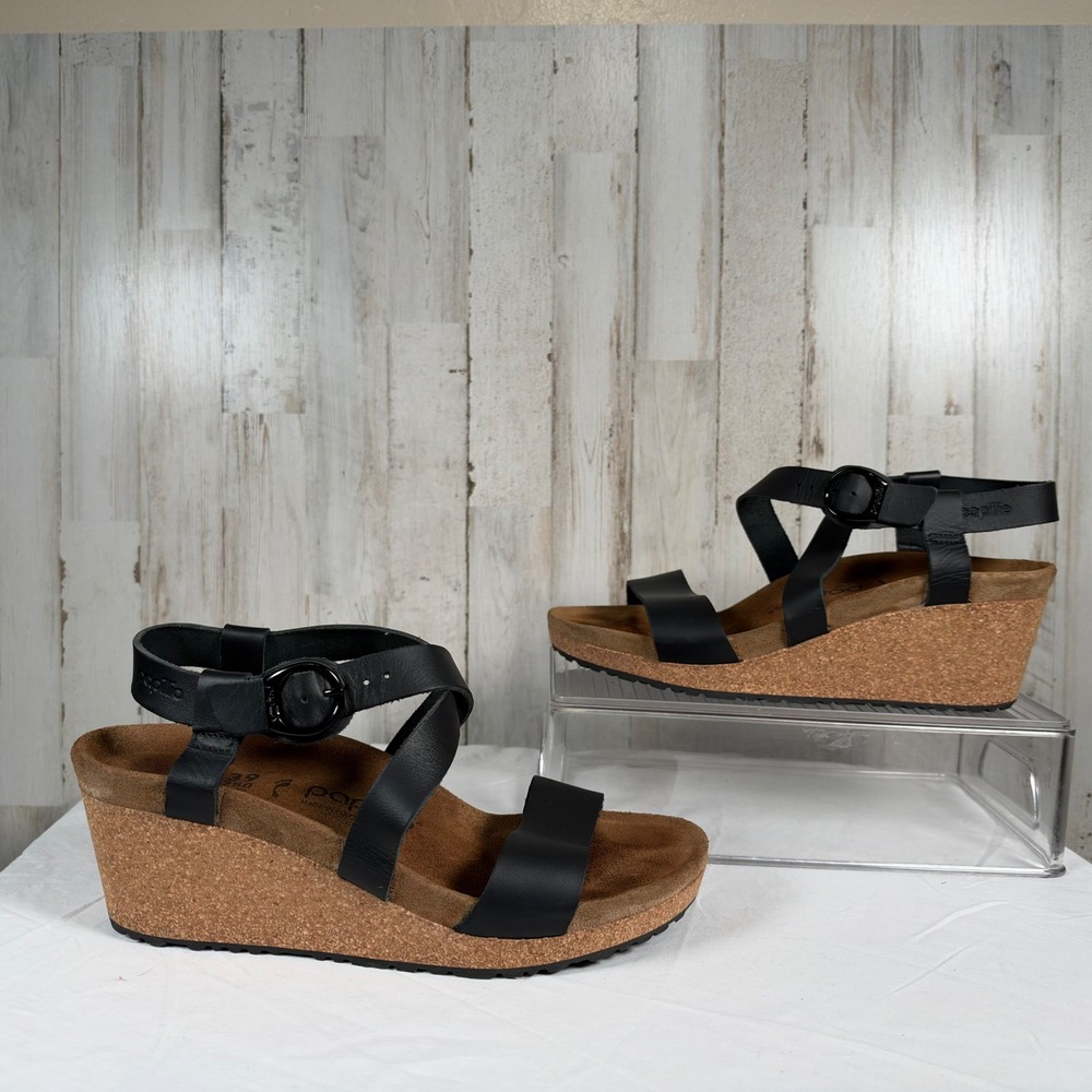 Papillio Birkenstock Sibyl Leather strappy wedge sandals Women 39 US8/8.5 Black